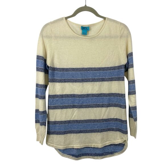 Two Bees Cashmere Sweater Women Size Small Ivory Blue Striped Roundneck Pullover - Picture 1 of 9